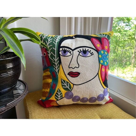 Embroidered Frida Flower and Parrot Throw Pillow Cover Frida Kahlo Self … - Picture 2 of 5